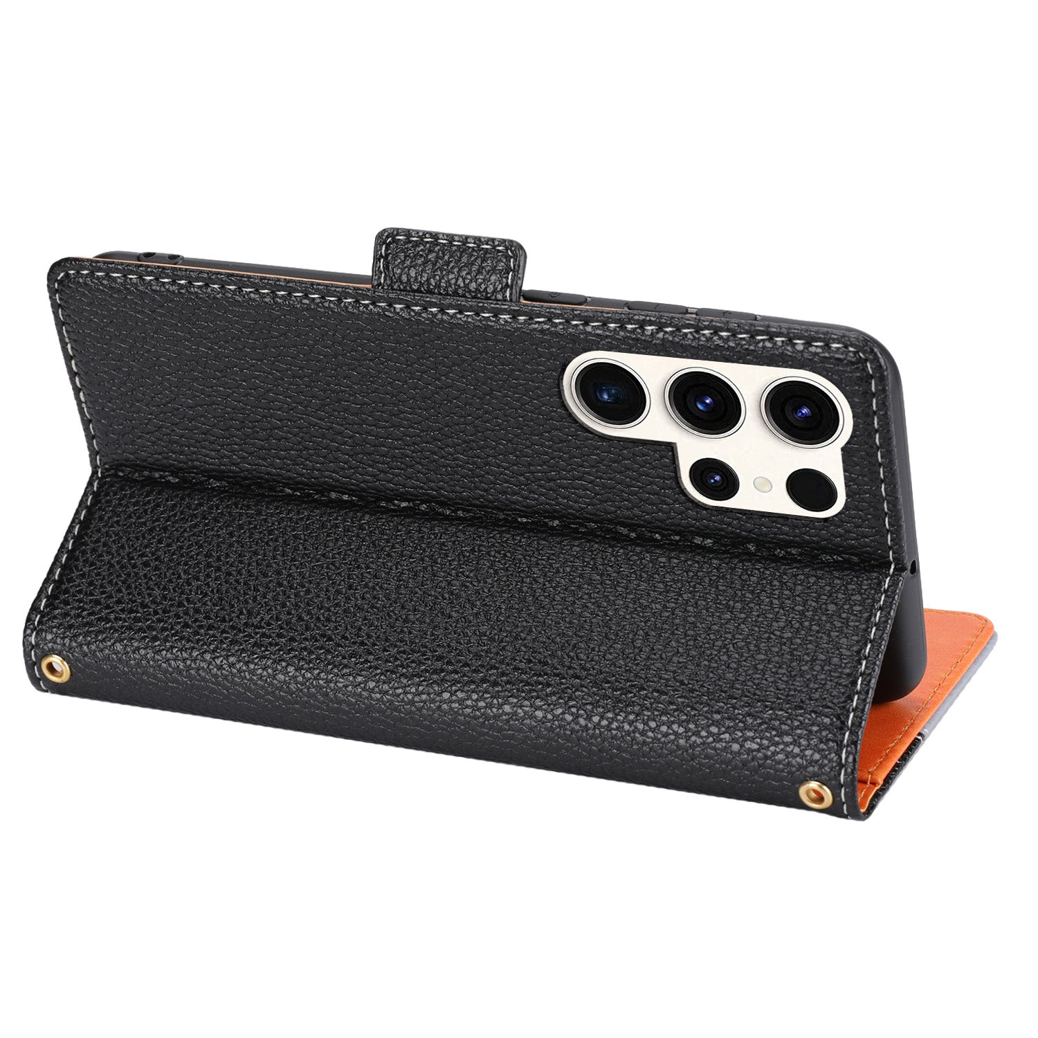 Fuld beskyttelse lædertelefontaske til Samsung Galaxy S22 Ultra 5G Tre-farvet splejsning Litchi Texture Telefonstativ Flip Wallet Cover