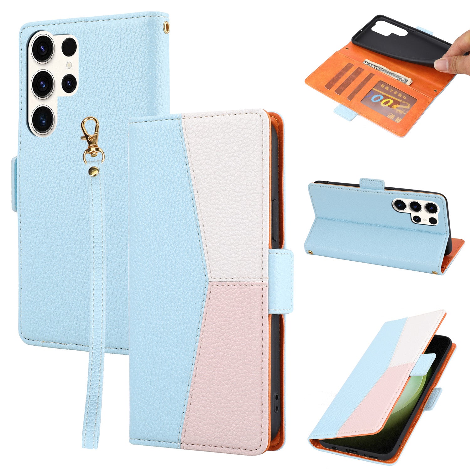 Full Protection Leather Phone Case for Samsung Galaxy S22 Ultra 5G Tri-color Splicing Litchi Texture Phone Stand Flip Wallet Cover
