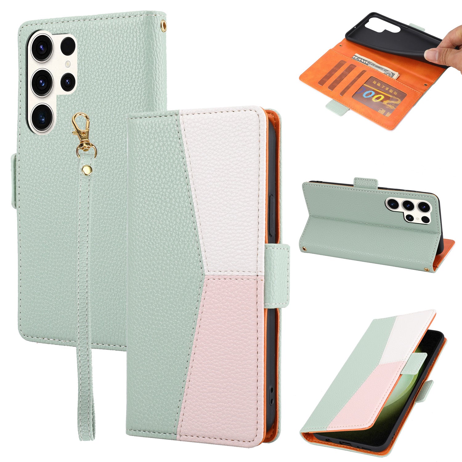 Fuld beskyttelse lædertelefontaske til Samsung Galaxy S22 Ultra 5G Tre-farvet splejsning Litchi Texture Telefonstativ Flip Wallet Cover