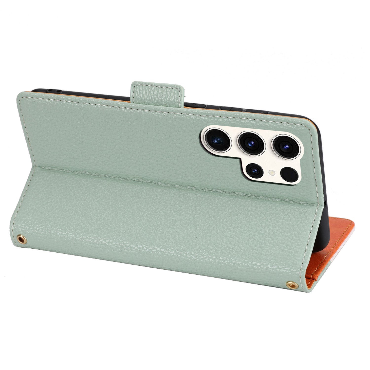 Full Protection Leather Phone Case for Samsung Galaxy S22 Ultra 5G Tri-color Splicing Litchi Texture Phone Stand Flip Wallet Cover