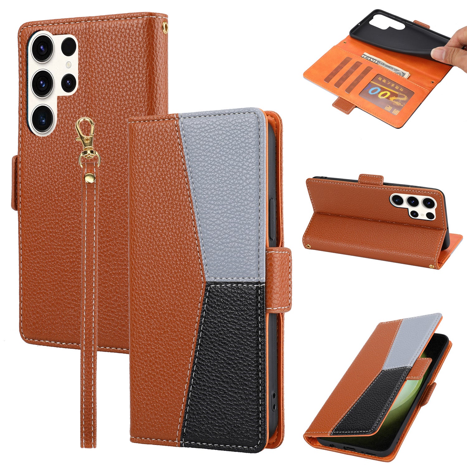 Full Protection Leather Phone Case for Samsung Galaxy S22 Ultra 5G Tri-color Splicing Litchi Texture Phone Stand Flip Wallet Cover