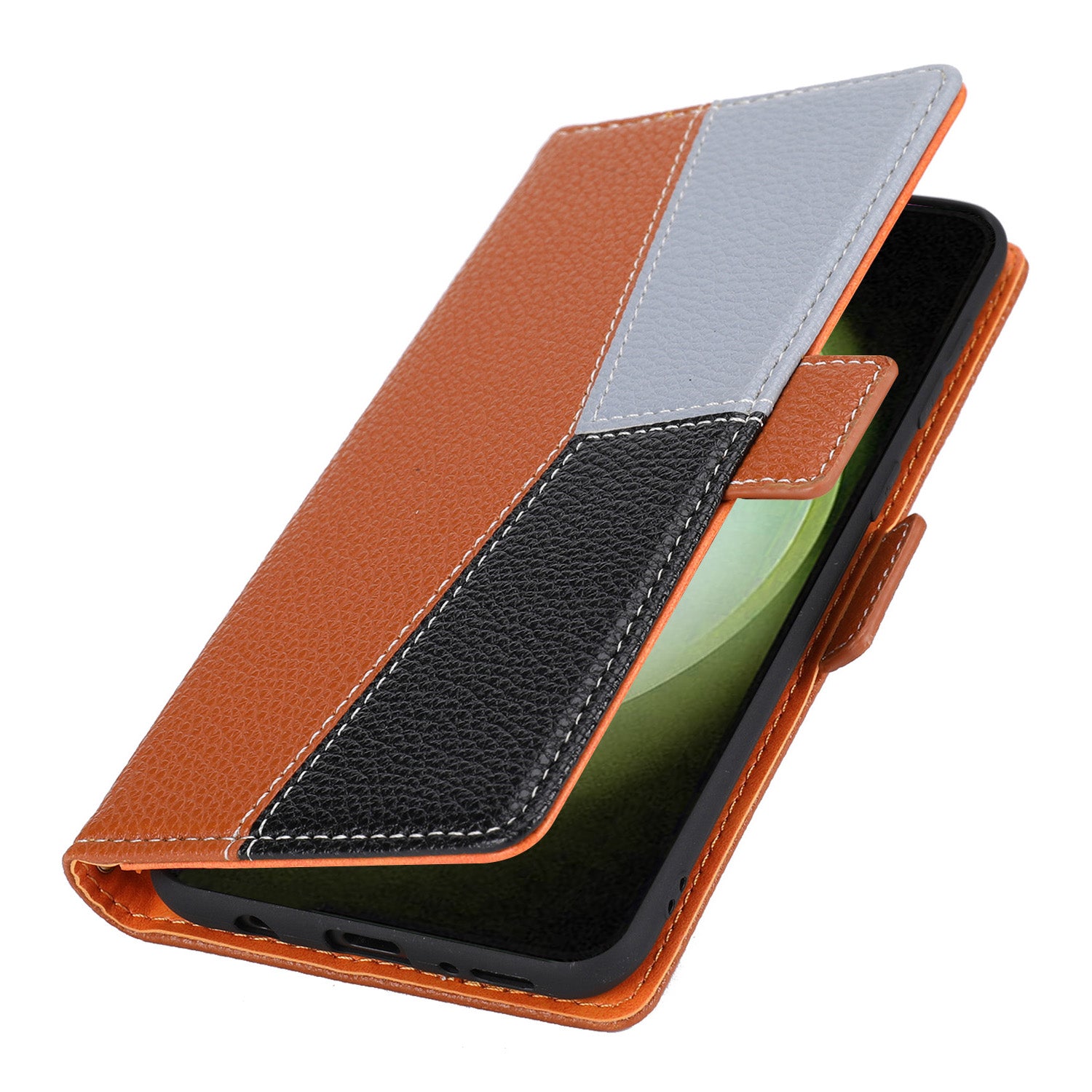 Full Protection Leather Phone Case for Samsung Galaxy S22 Ultra 5G Tri-color Splicing Litchi Texture Phone Stand Flip Wallet Cover