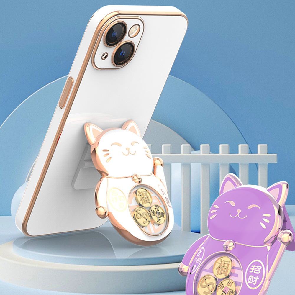 For iPhone 14 Phone Case Lucky Fortune Cat Kickstand TPU PC Electroplating Phone Cover with Camera Lens Protector