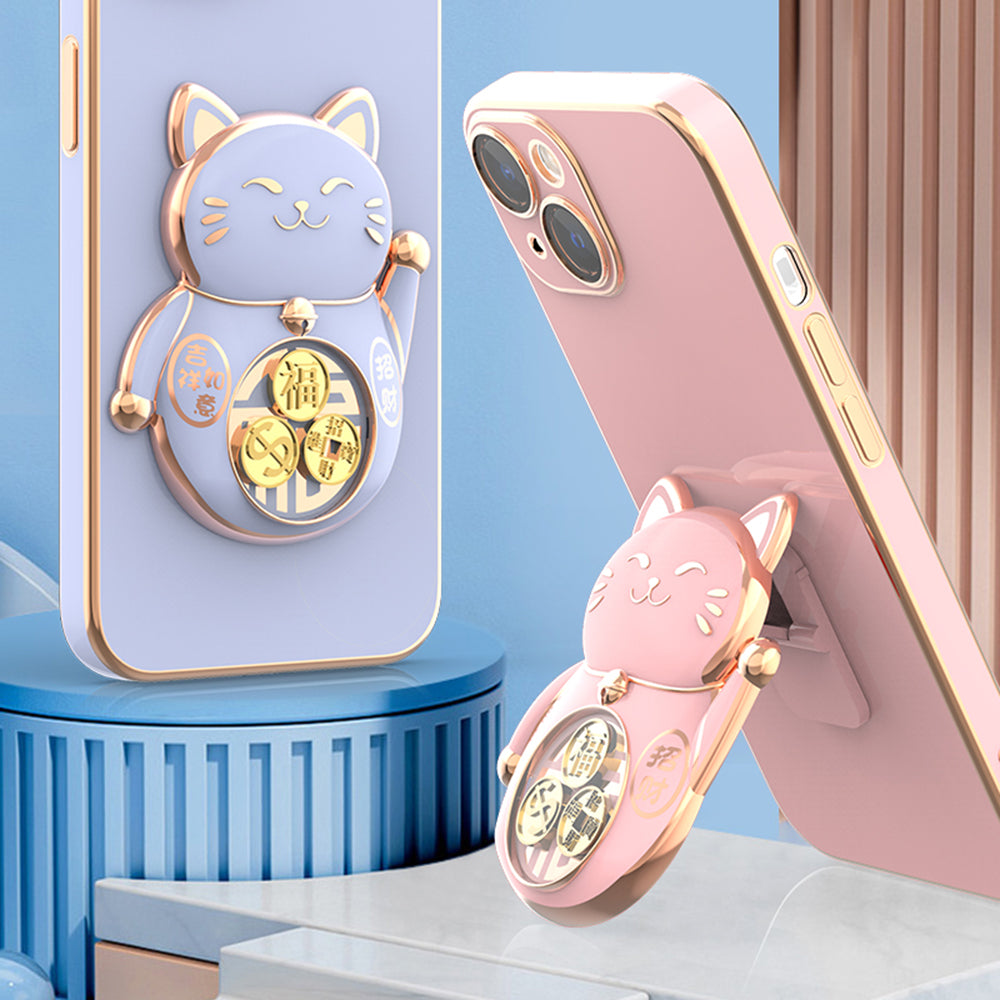 For iPhone 14 Phone Case Lucky Fortune Cat Kickstand TPU PC Electroplating Phone Cover with Camera Lens Protector