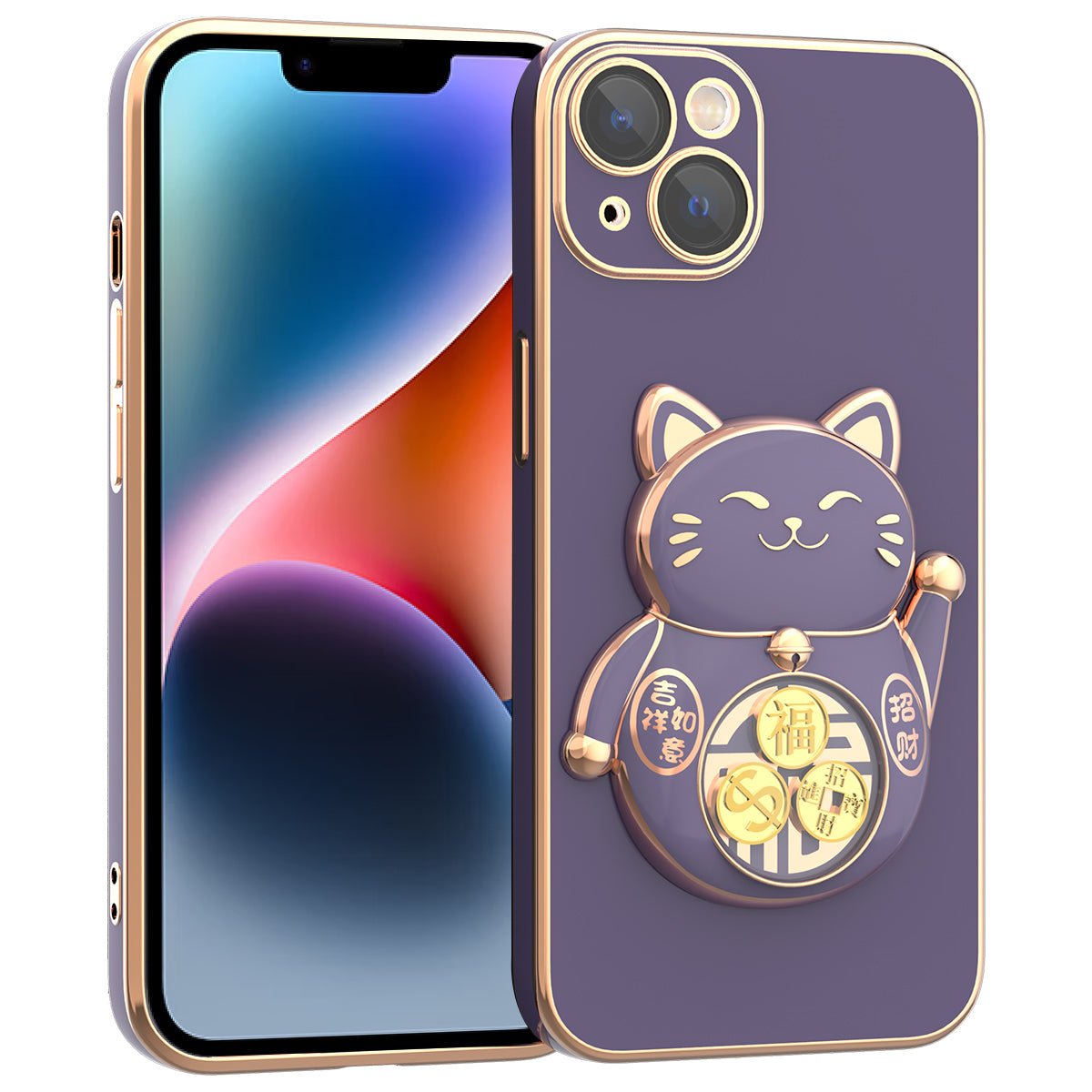 For iPhone 14 Phone Case Lucky Fortune Cat Kickstand TPU PC Electroplating Phone Cover with Camera Lens Protector