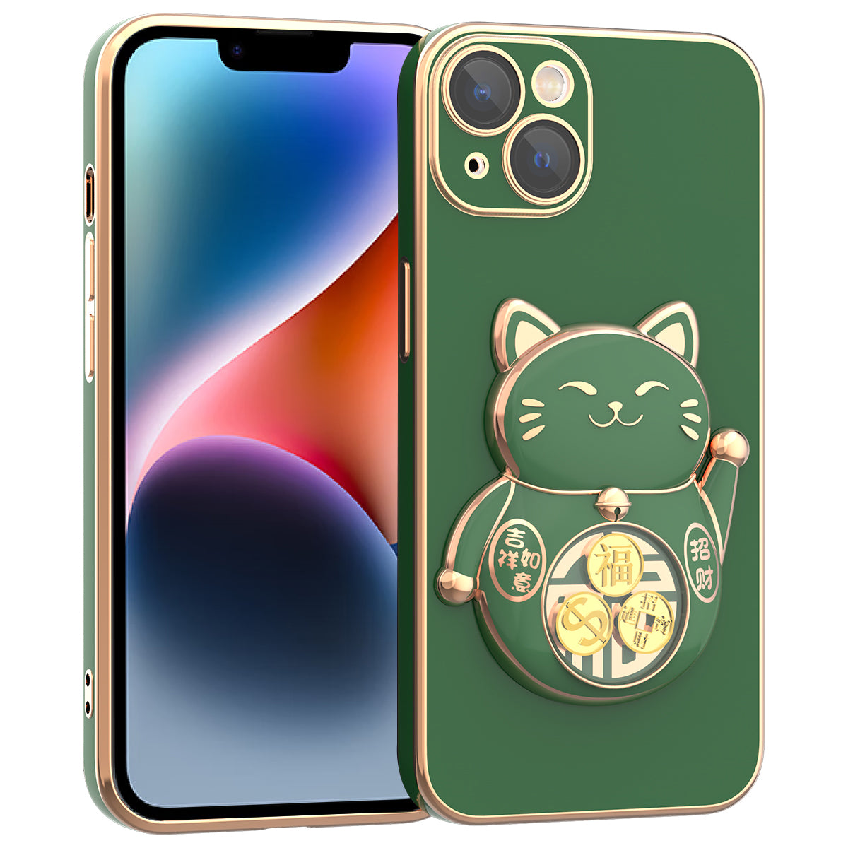 For iPhone 14 Phone Case Lucky Fortune Cat Kickstand TPU PC Electroplating Phone Cover with Camera Lens Protector