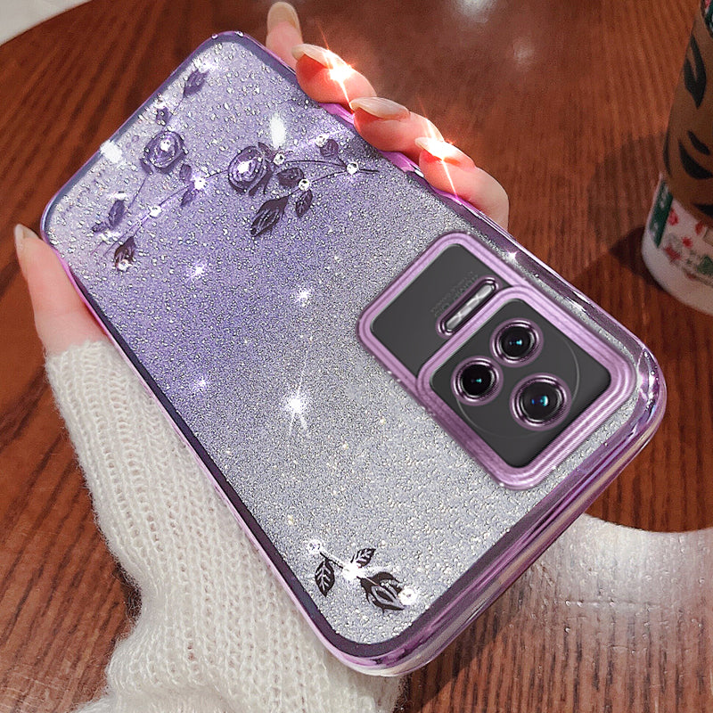 For Xiaomi Redmi K50 K50 Pro Phone Case Glitter Electroplating Rhinestone Flower Pattern Decor Cell Phone TPU Cover