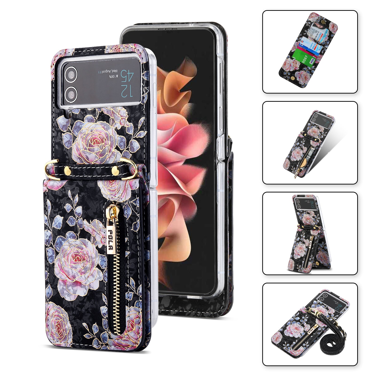 POLA Zipper Pocket PU Leather Phone Case for Samsung Galaxy Z Flip3 5G Card Slots Holder Kickstand Rose Pattern Printing Cover