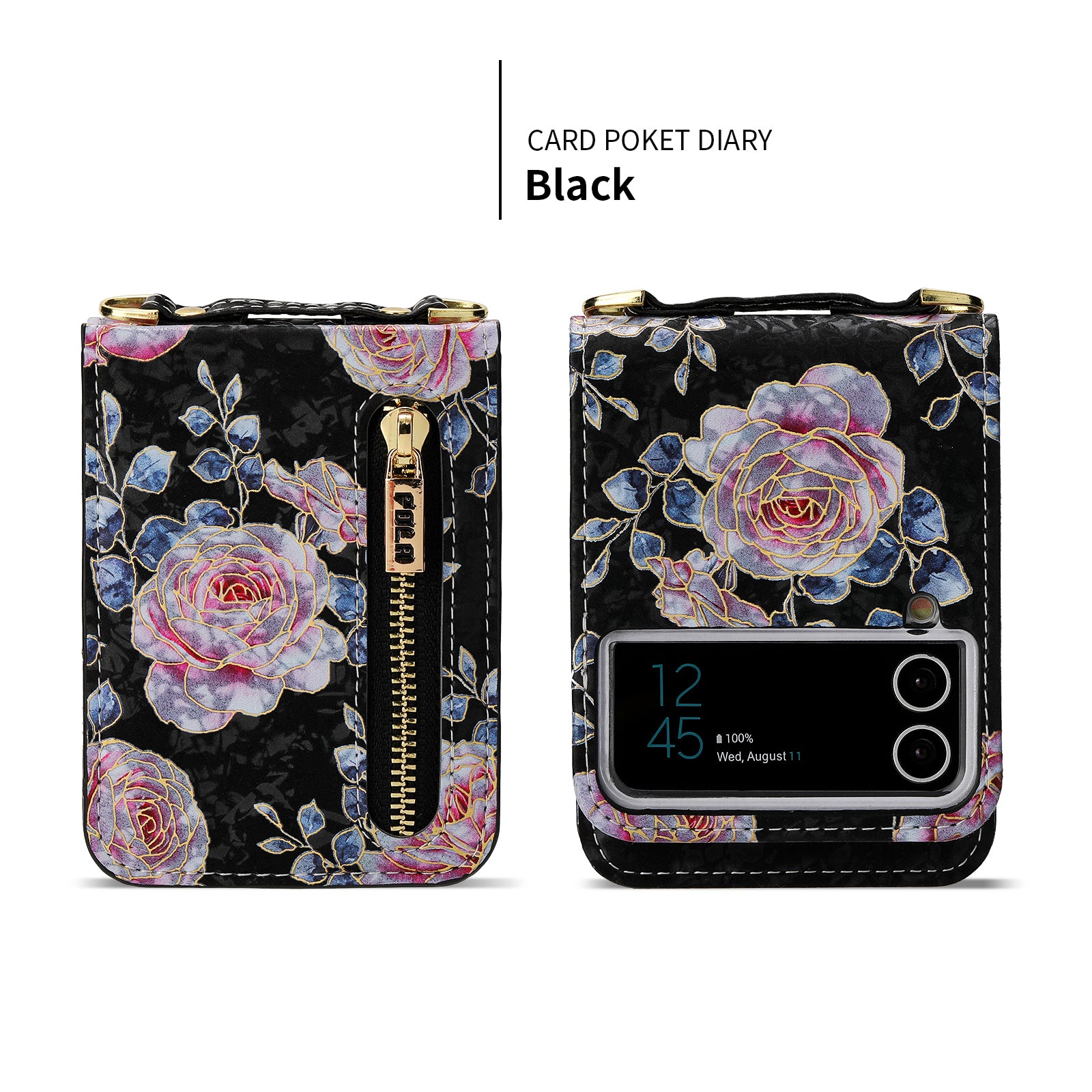 POLA Zipper Pocket PU Leather Phone Case for Samsung Galaxy Z Flip3 5G Card Slots Holder Kickstand Rose Pattern Printing Cover