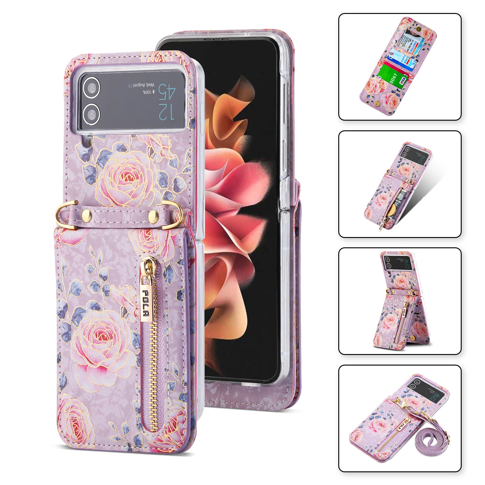 POLA Zipper Pocket PU Leather Phone Case for Samsung Galaxy Z Flip3 5G Card Slots Holder Kickstand Rose Pattern Printing Cover