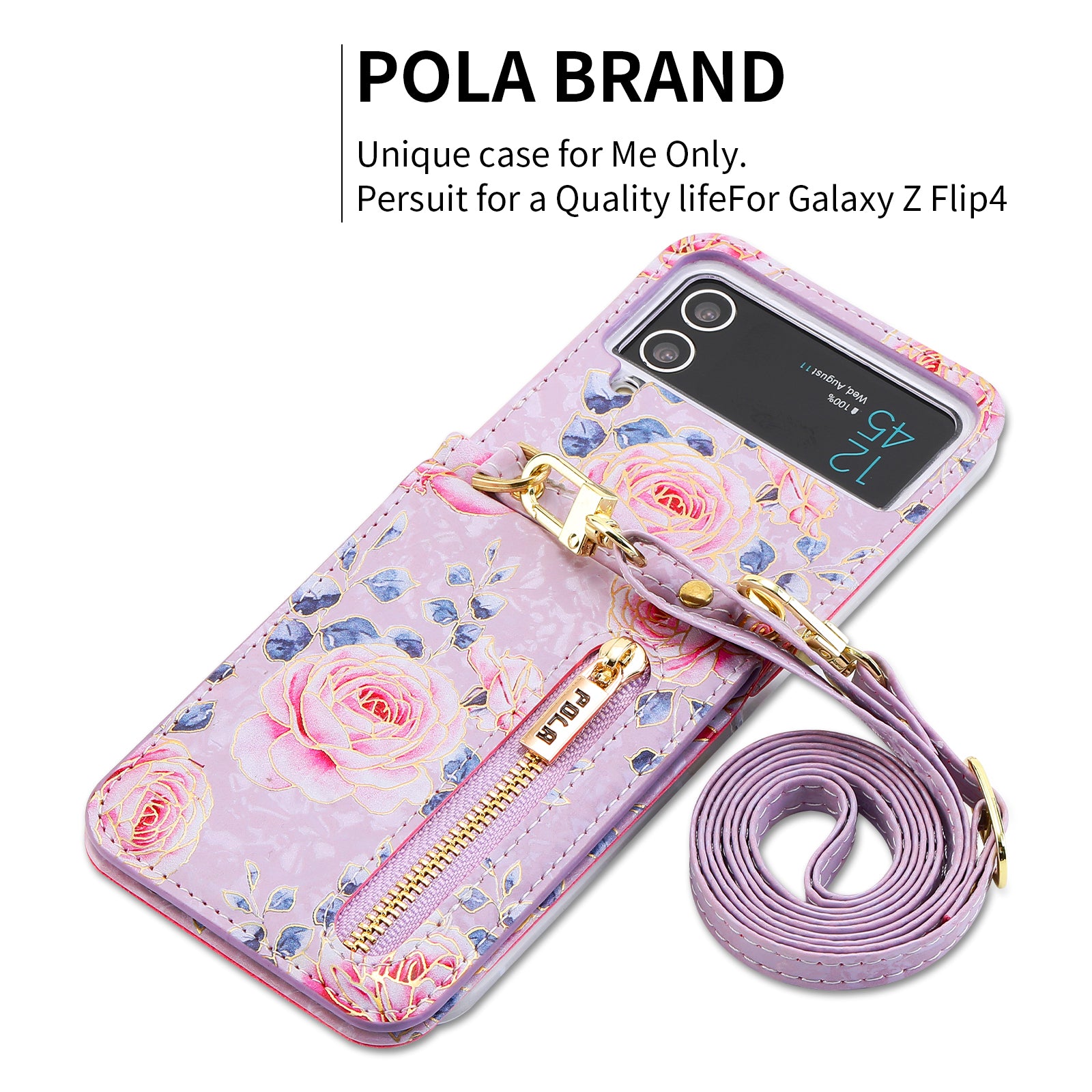 POLA Zipper Pocket PU Leather Phone Case for Samsung Galaxy Z Flip3 5G Card Slots Holder Kickstand Rose Pattern Printing Cover