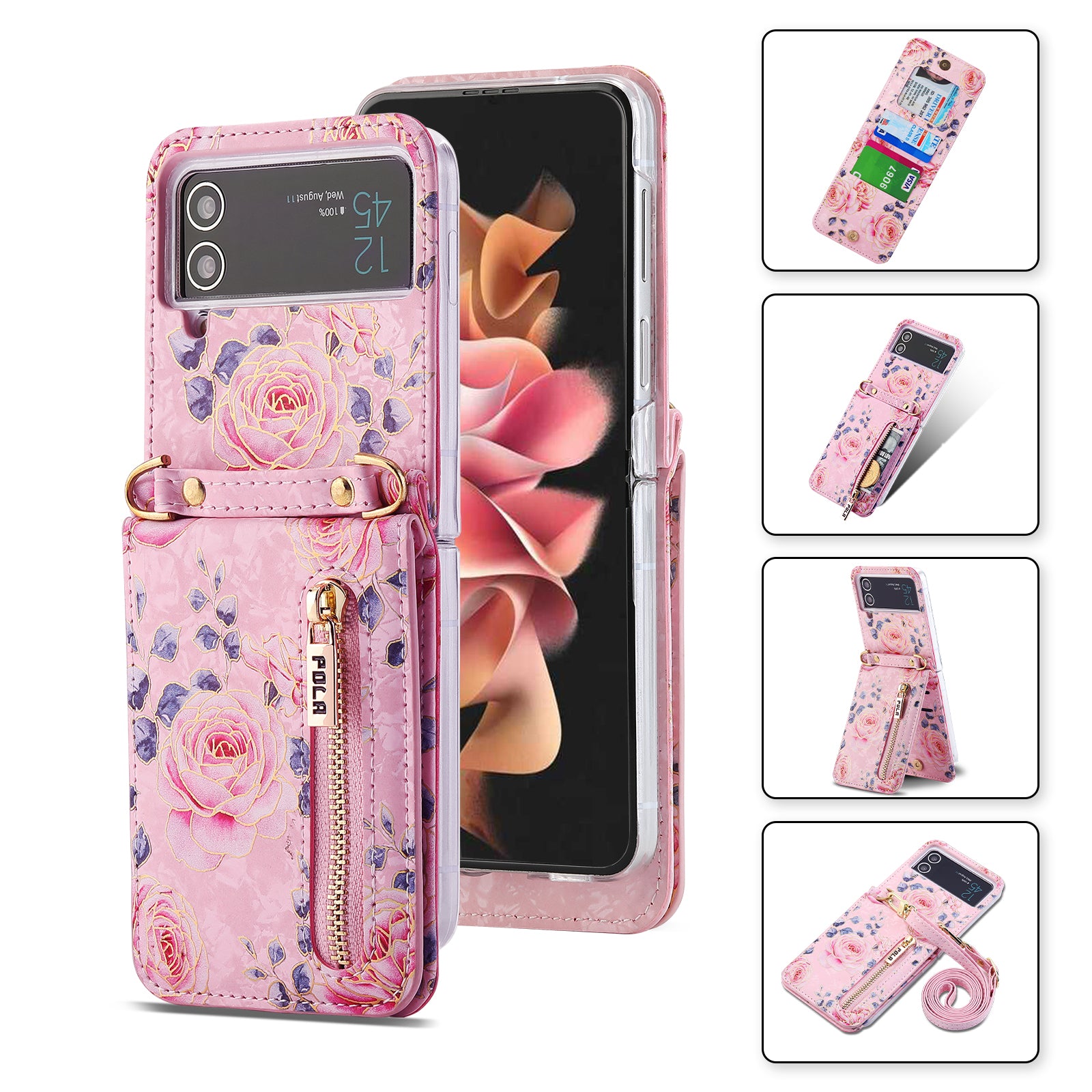 POLA Zipper Pocket PU Leather Phone Case for Samsung Galaxy Z Flip3 5G Card Slots Holder Kickstand Rose Pattern Printing Cover