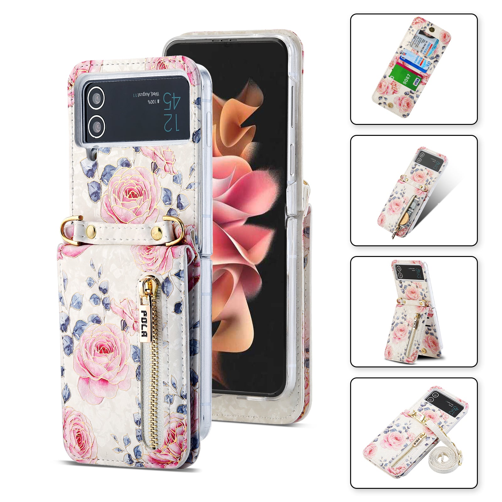 POLA Zipper Pocket PU Leather Phone Case for Samsung Galaxy Z Flip3 5G Card Slots Holder Kickstand Rose Pattern Printing Cover