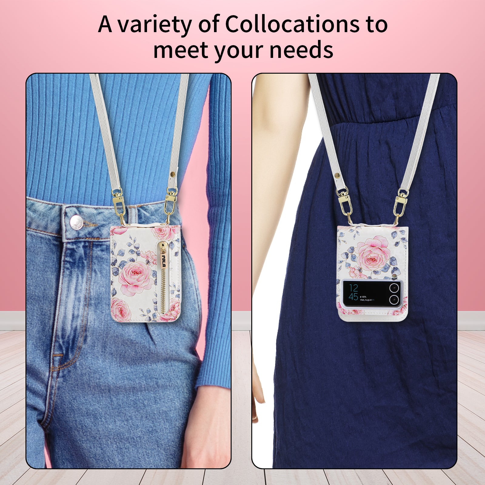 POLA Zipper Pocket PU Leather Phone Case for Samsung Galaxy Z Flip3 5G Card Slots Holder Kickstand Rose Pattern Printing Cover