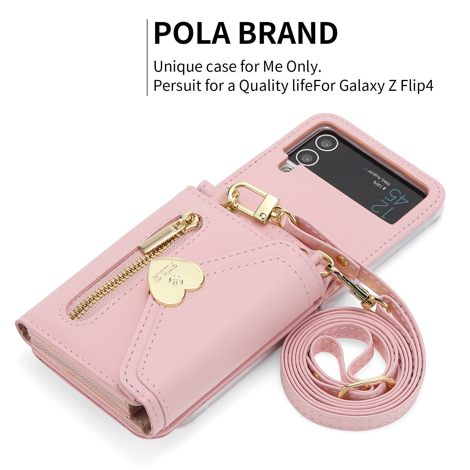 POLA For Samsung Galaxy Z Flip4 5G PU Leather Credit Holder Phone Case Wallet Kickstand Zipper Pocket Cover