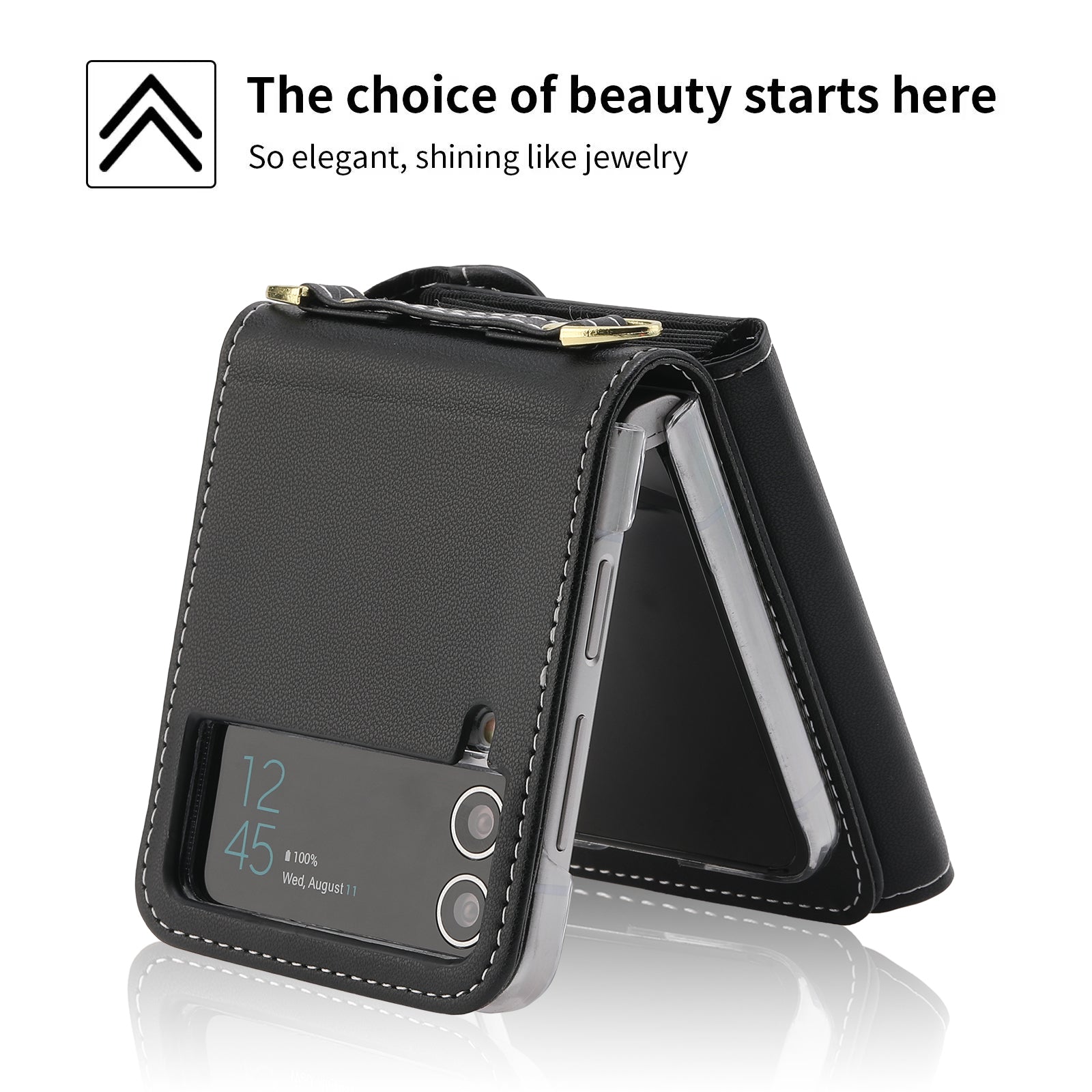 POLA For Samsung Galaxy Z Flip4 5G PU Leather Credit Holder Phone Case Wallet Kickstand Zipper Pocket Cover