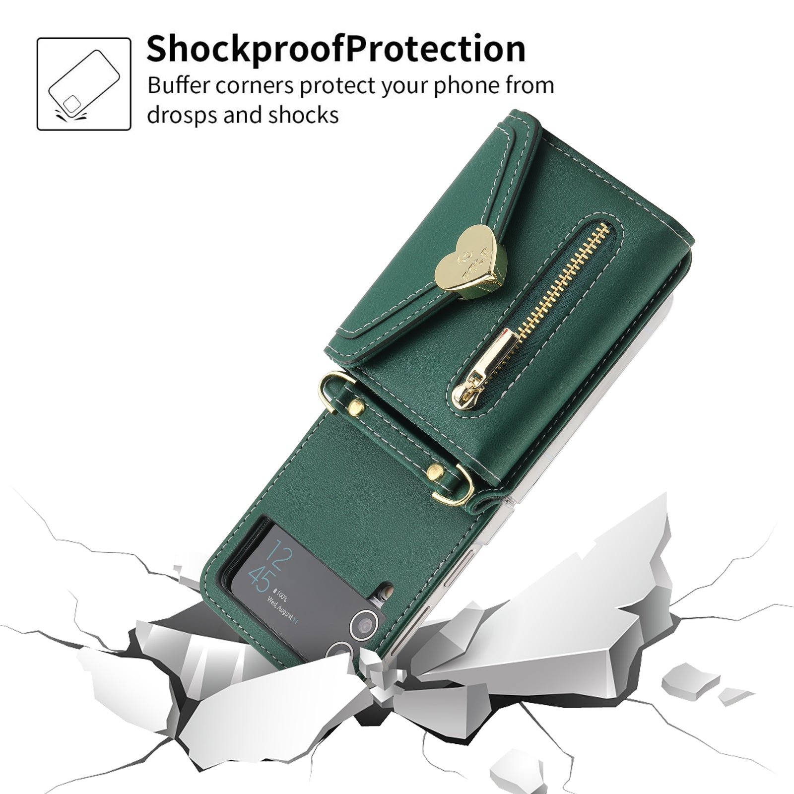 POLA For Samsung Galaxy Z Flip4 5G PU Leather Credit Holder Phone Case Wallet Kickstand Zipper Pocket Cover