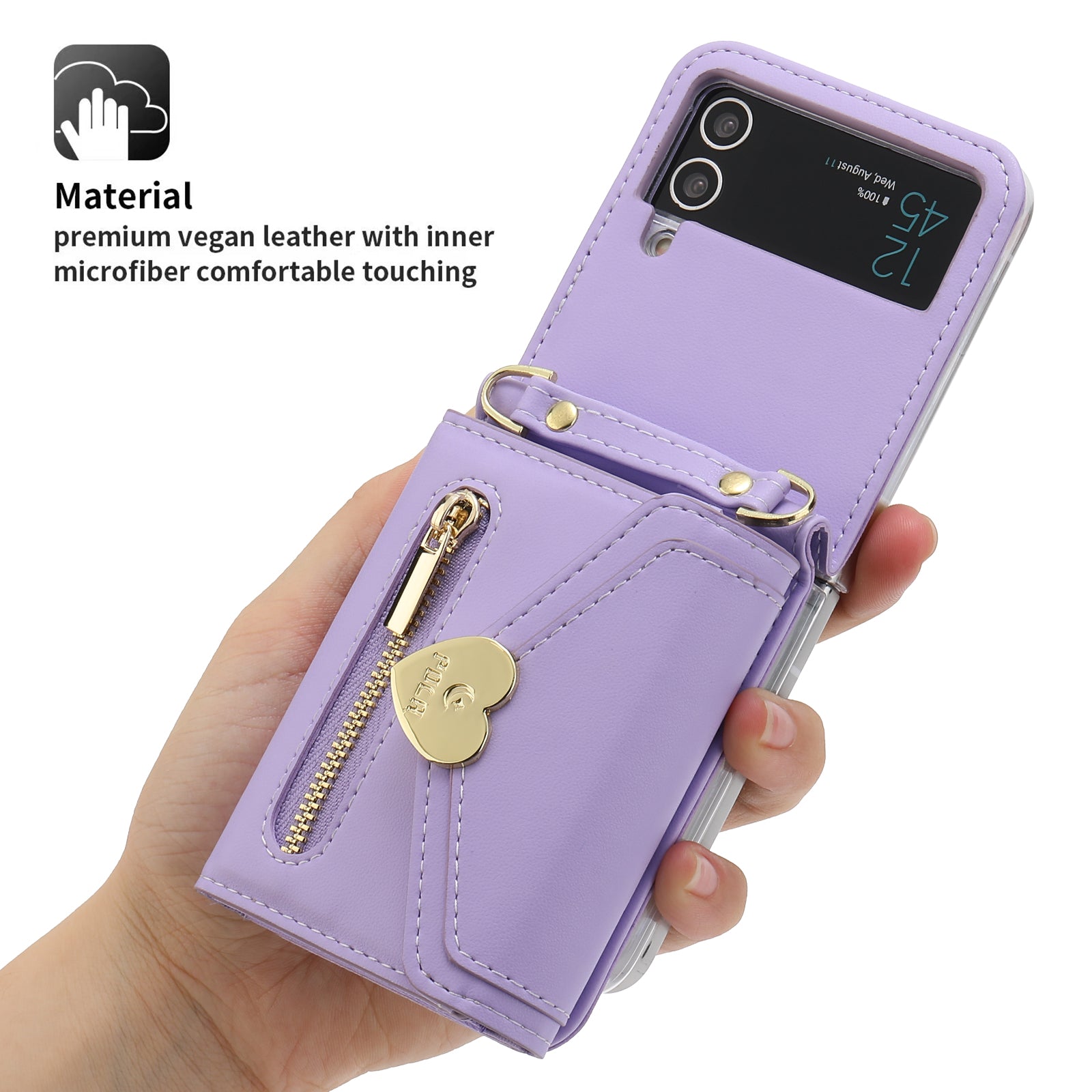POLA For Samsung Galaxy Z Flip4 5G PU Leather Credit Holder Phone Case Wallet Kickstand Zipper Pocket Cover