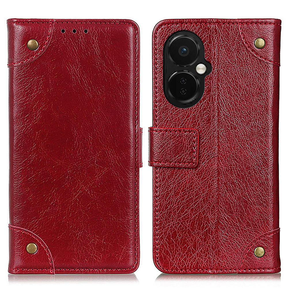 Shockproof Mobile Phone Case For OnePlus Nord CE 3 Lite 5G Nord N30 5G Brass Button Decor Nappa Texture Leather Phone Cover with Wallet Stand