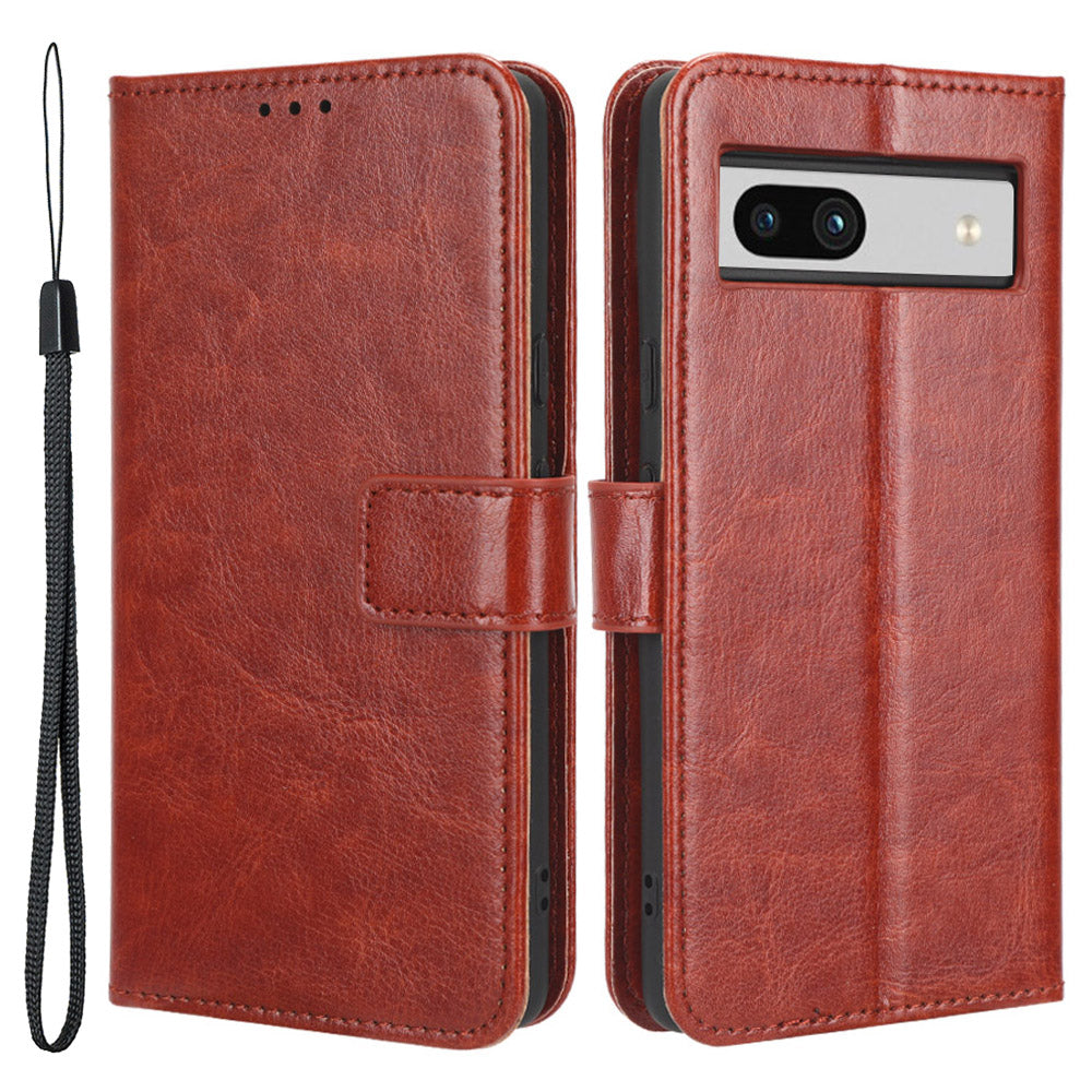 For Google Pixel 7a PU Leather Flip Phone Cover Crazy Horse Texture Wallet Phone Stand Case with Strap