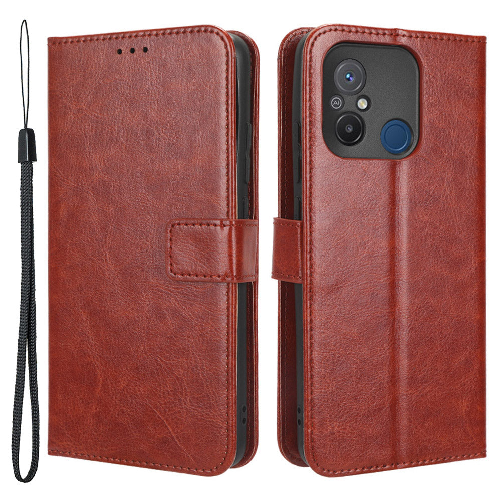 For Xiaomi Redmi 12C 4G 11A 4G Poco C55 4G Crazy Horse Texture Wallet Stand Case PU Leather Flip Phone Cover with Strap