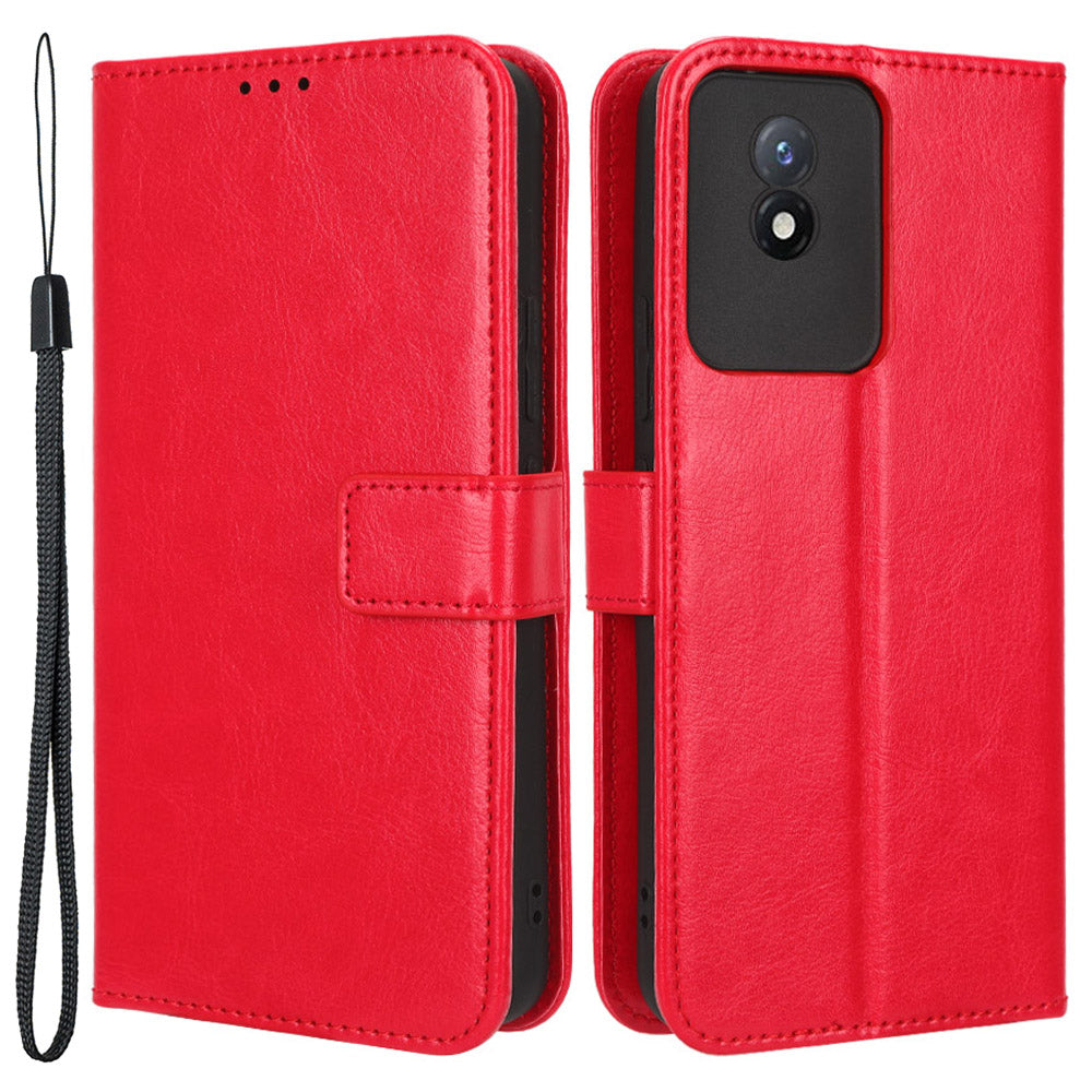 Mobile Phone Case for vivo Y02 4G Anti-drop Crazy Horse Texture Wallet Stand PU Leather Phone Cover with Strap