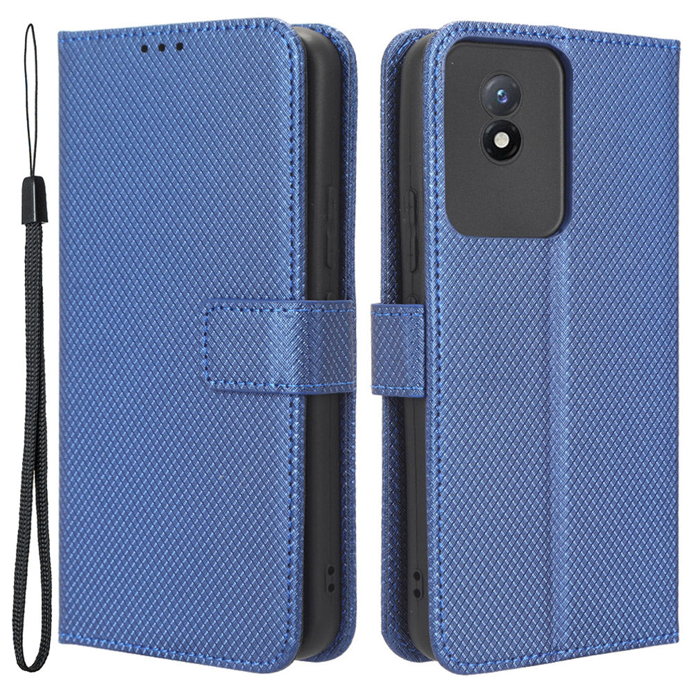 Phone Case for vivo Y02 4G Diamond Texture Wallet Stand Shockproof PU Leather Phone Cover