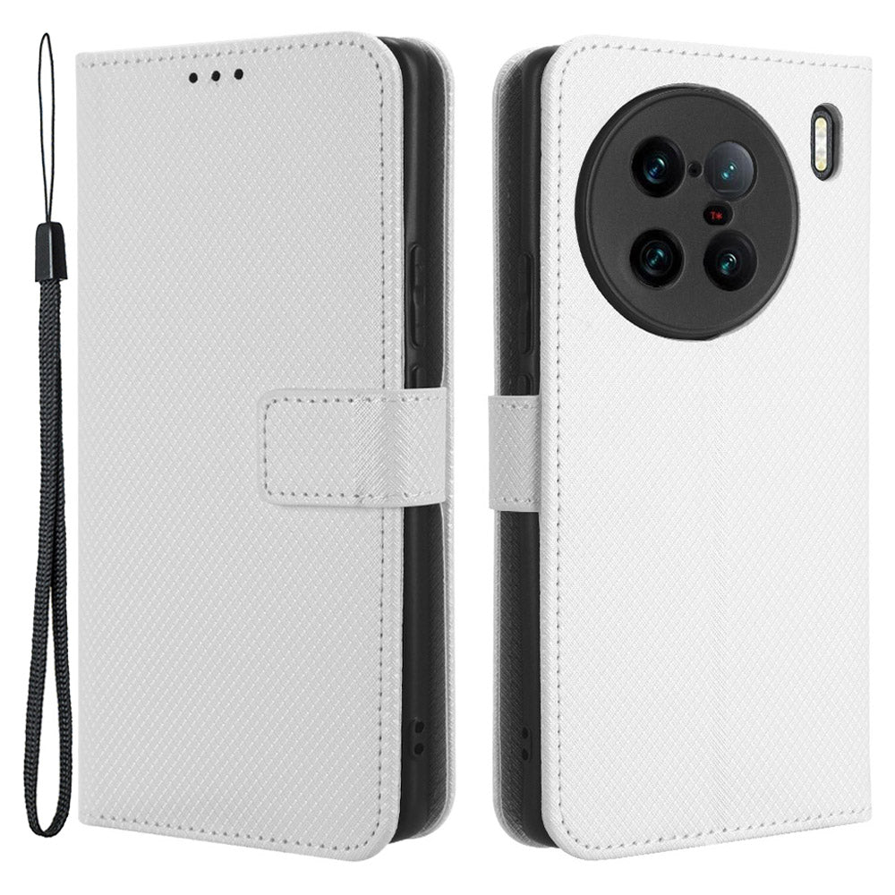 For vivo X90 Pro 5G PU Leather Phone Case Diamond Texture Wallet Stand Cell Phone Cover