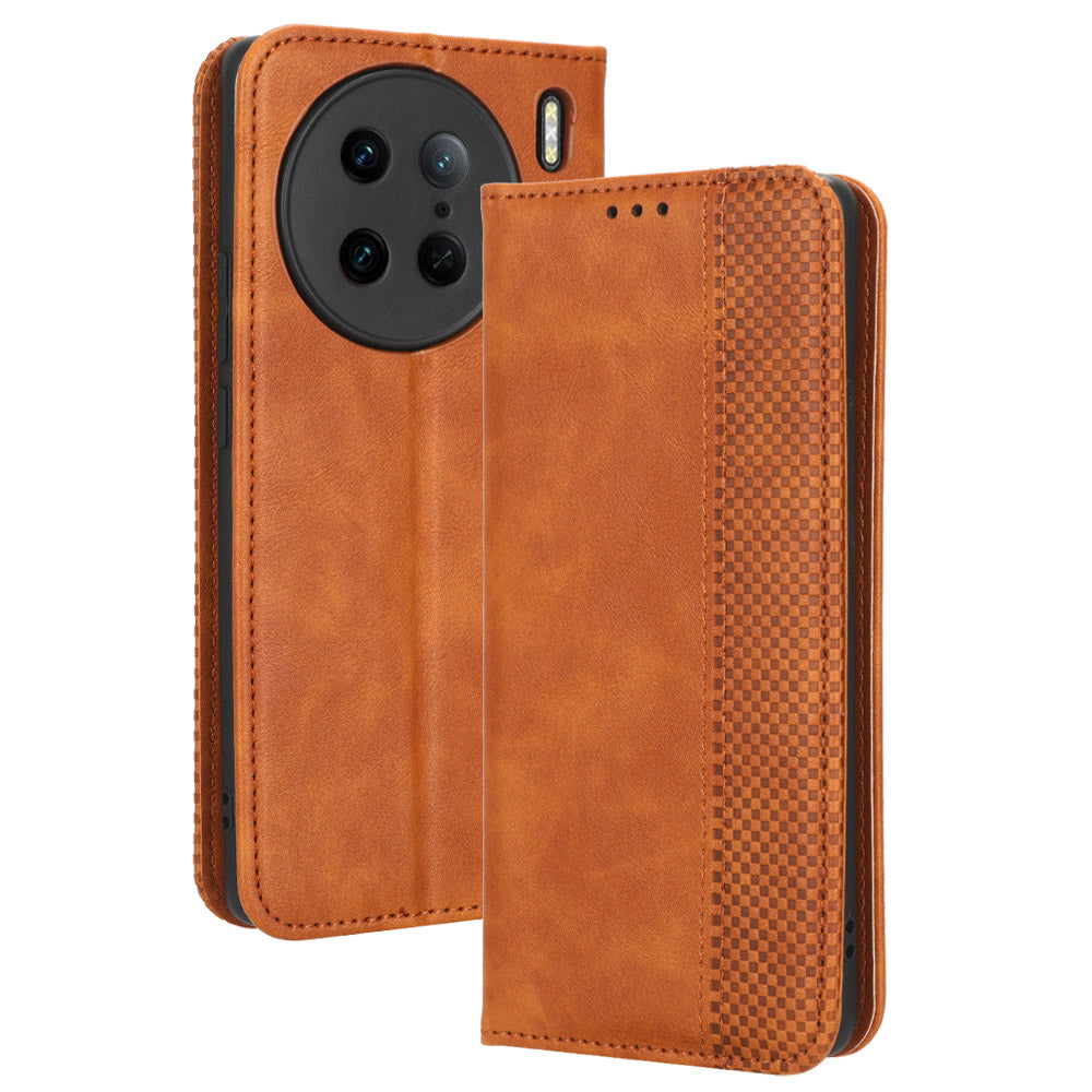 For vivo X90 Pro 5G PU Leather Phone Stand Case Retro Texture Anti-scratch Wallet Phone Cover