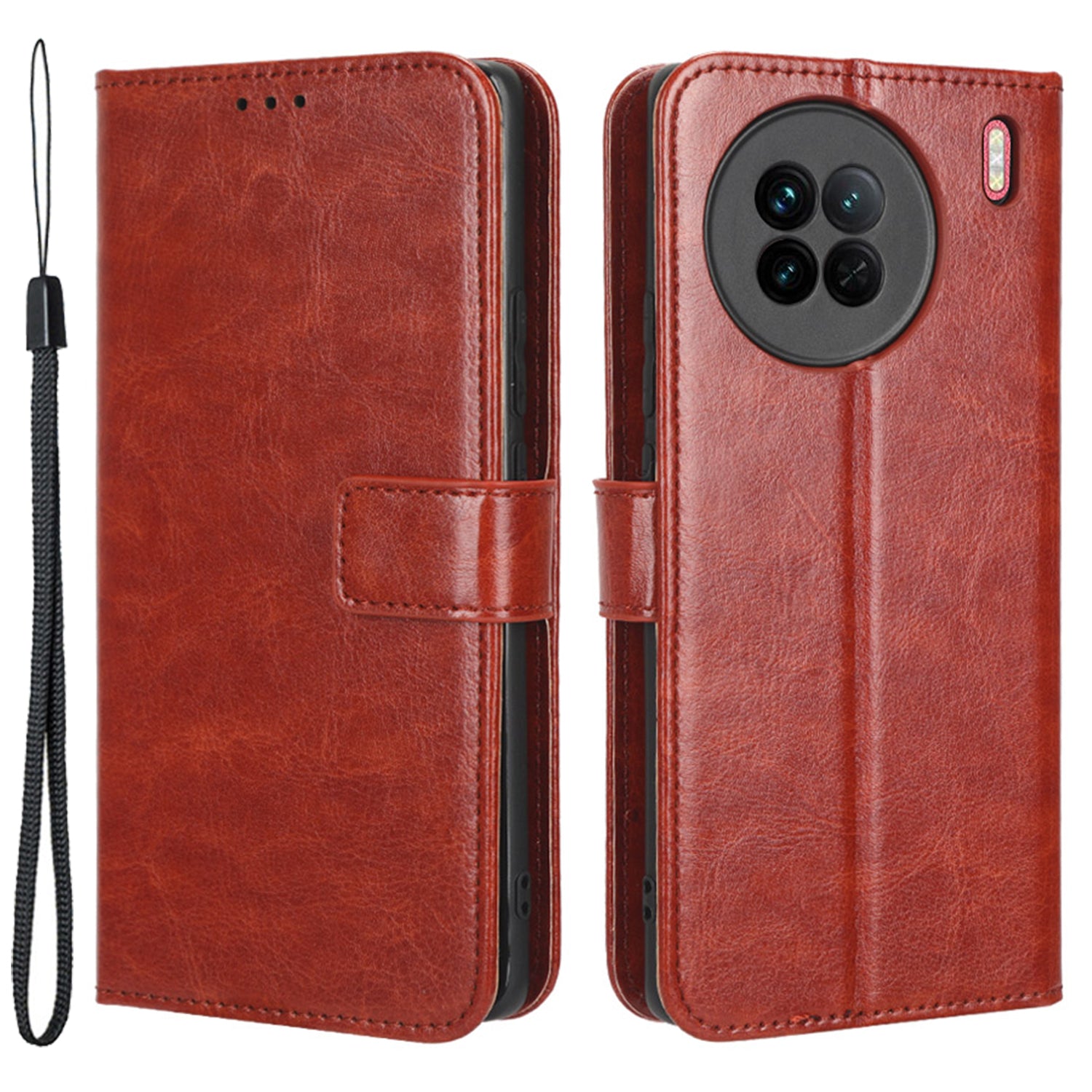 Crazy Horse Texture Wallet Stand Case for vivo X90 5G PU Leather Flip Phone Cover with Strap