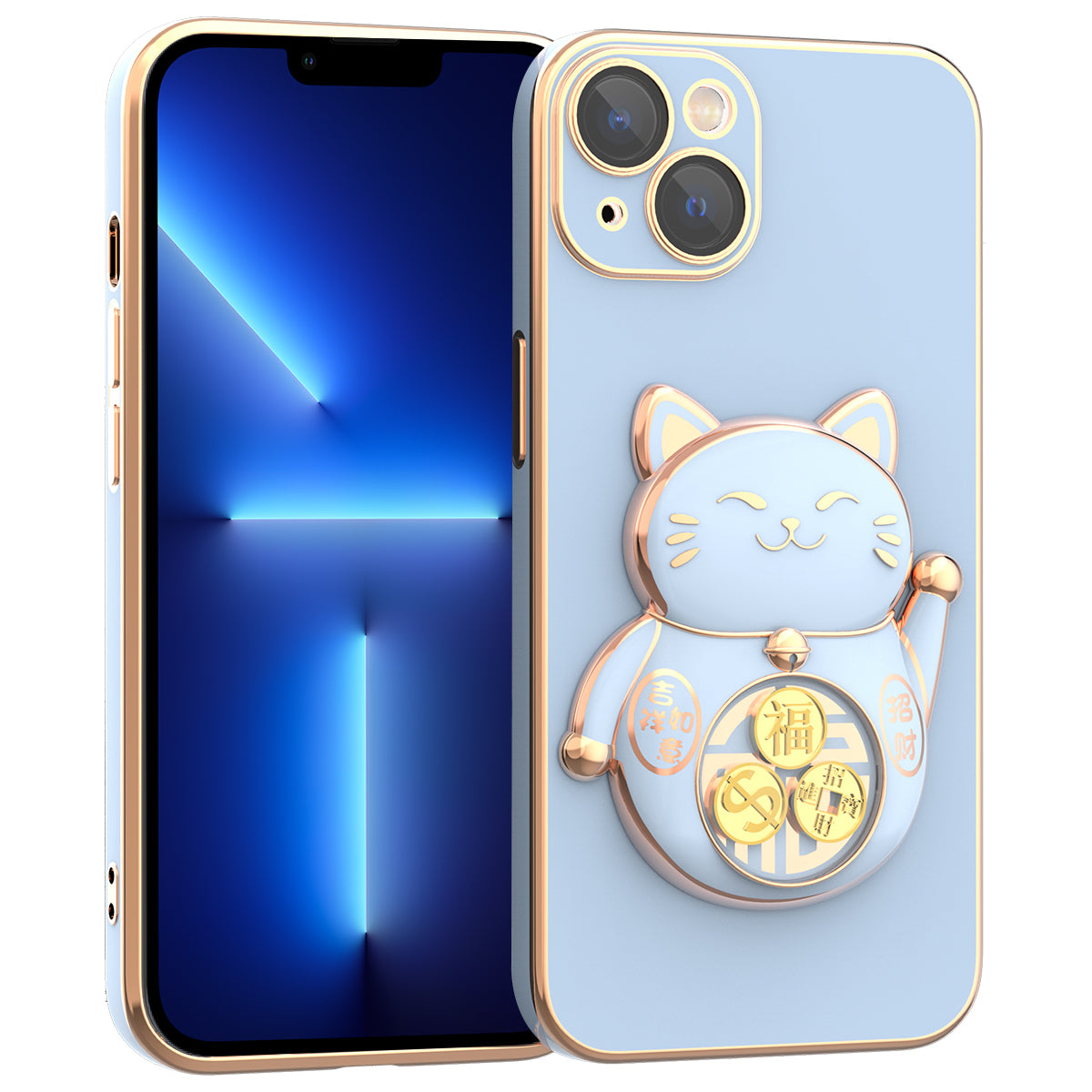 For iPhone 13 6.1 inch Electroplating Phone Case Lucky Fortune Cat Kickstand TPU PC Shockproof Cover with Camera Lens Protector
