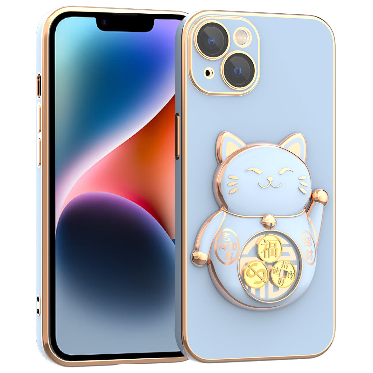 For iPhone 14 Plus Electroplating Lucky Fortune Cat Phone Case Drop Protection TPU PC Kickstand Cover with Camera Lens Protector