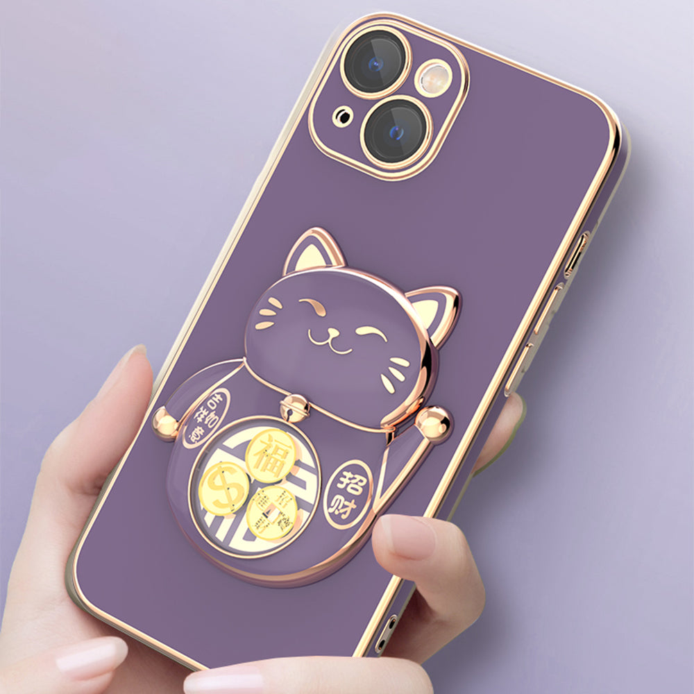 For iPhone 14 Plus Electroplating Lucky Fortune Cat Phone Case Drop Protection TPU PC Kickstand Cover with Camera Lens Protector