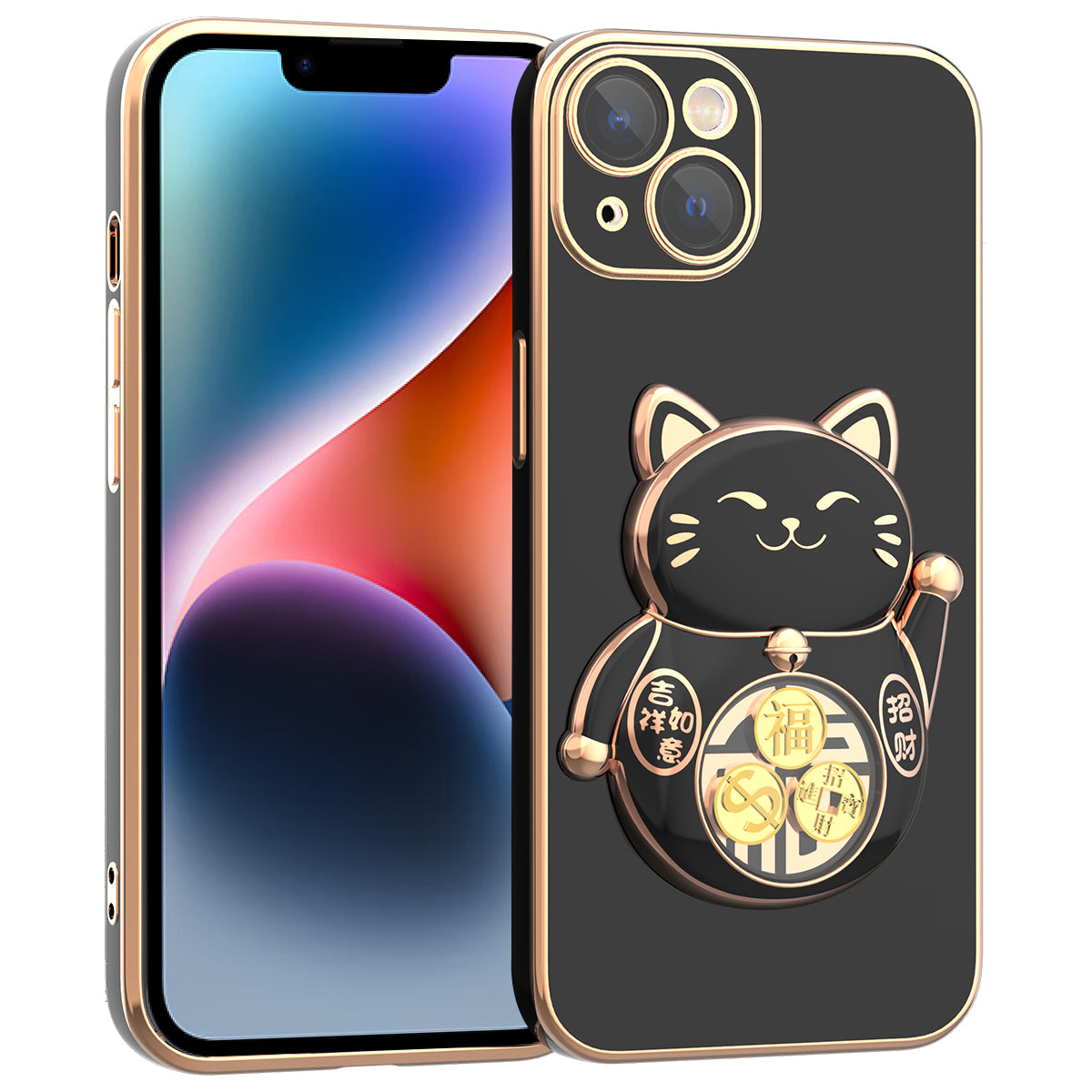 For iPhone 14 Plus Electroplating Lucky Fortune Cat Phone Case Drop Protection TPU PC Kickstand Cover with Camera Lens Protector