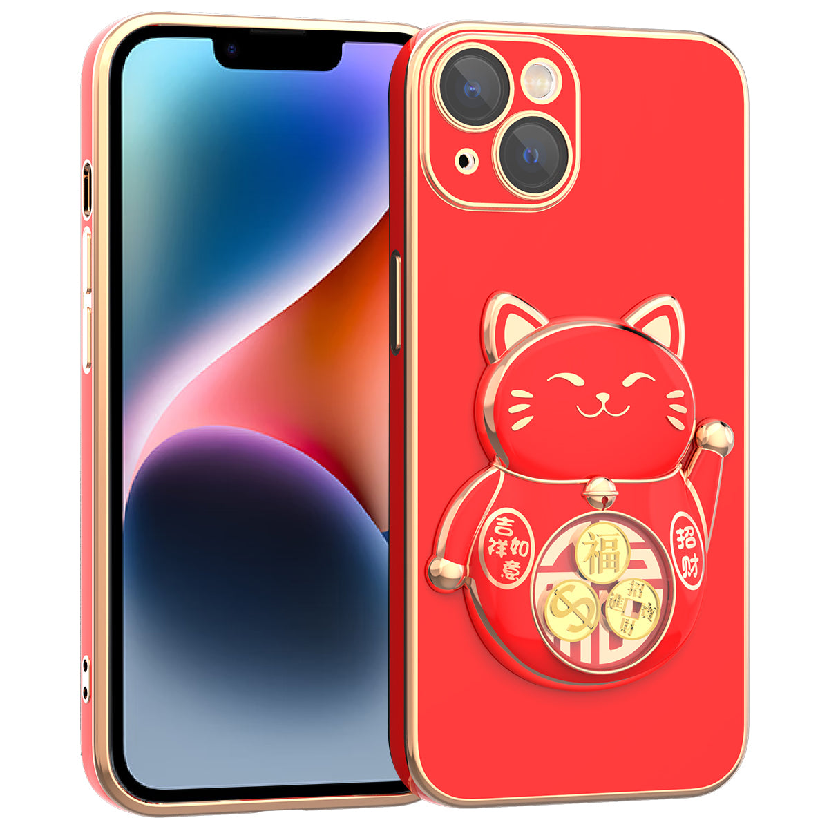 For iPhone 14 Plus Electroplating Lucky Fortune Cat Phone Case Drop Protection TPU PC Kickstand Cover with Camera Lens Protector