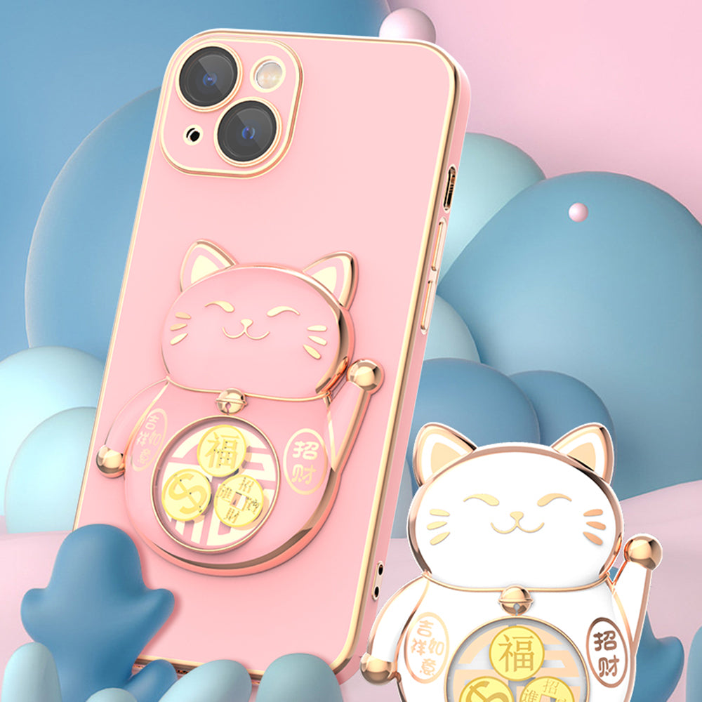 For iPhone 14 Plus Electroplating Lucky Fortune Cat Phone Case Drop Protection TPU PC Kickstand Cover with Camera Lens Protector