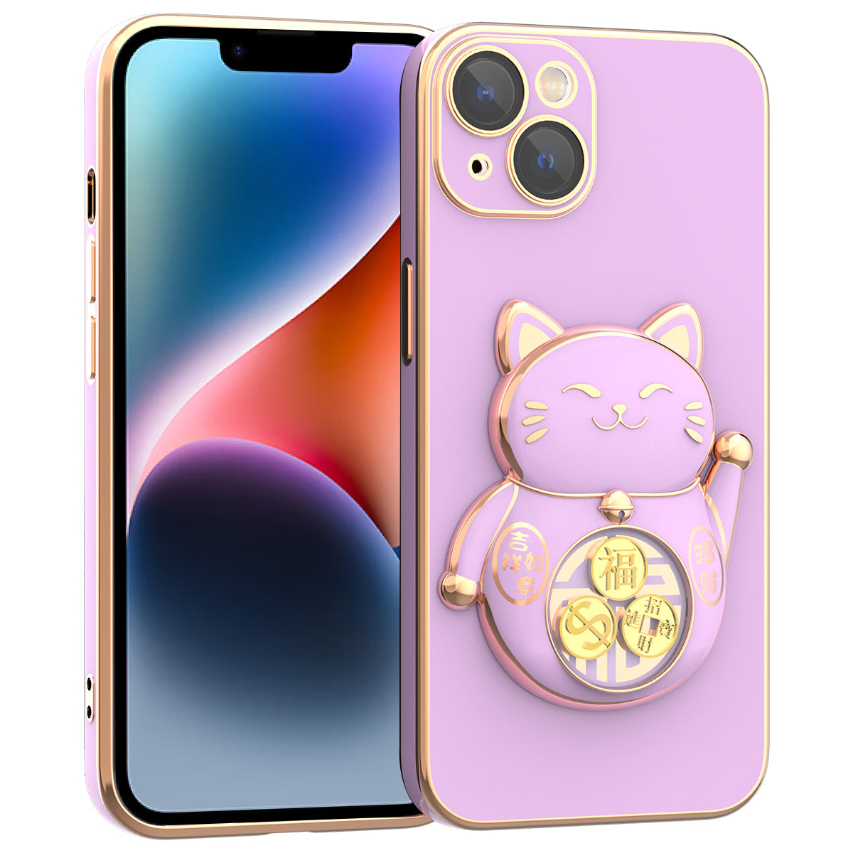 For iPhone 14 Plus Electroplating Lucky Fortune Cat Phone Case Drop Protection TPU PC Kickstand Cover with Camera Lens Protector