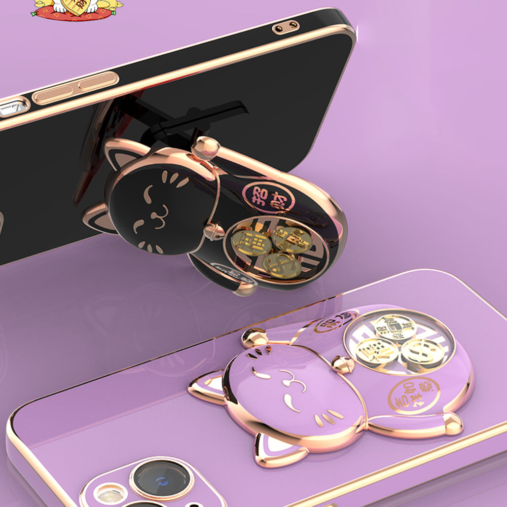 For iPhone 14 Plus Electroplating Lucky Fortune Cat Phone Case Drop Protection TPU PC Kickstand Cover with Camera Lens Protector