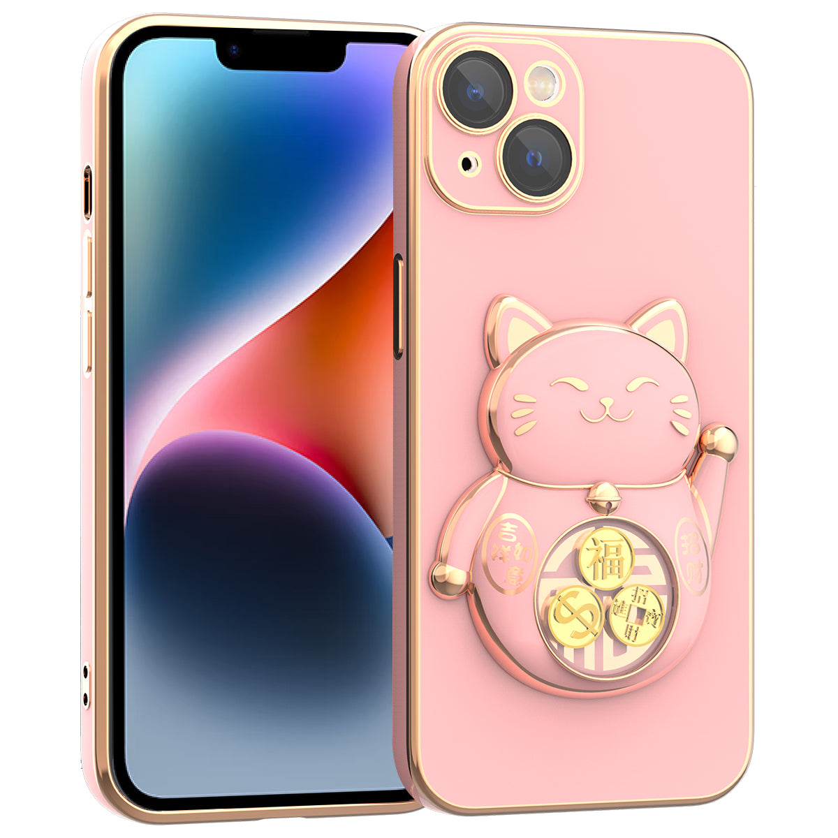 For iPhone 14 Plus Electroplating Lucky Fortune Cat Phone Case Drop Protection TPU+PC Kickstand Cover with Camera Lens Protector - Dark Purple