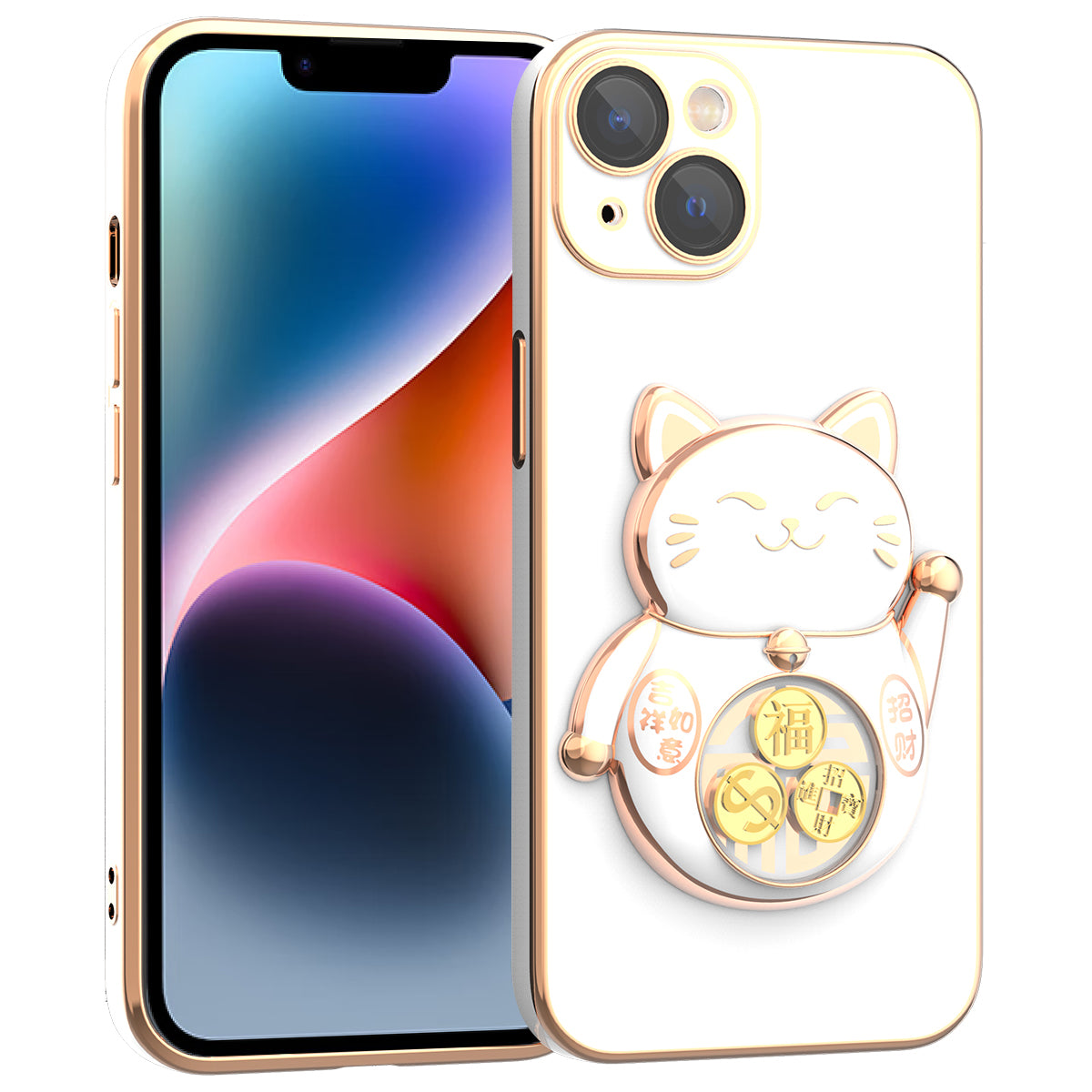 For iPhone 14 Plus Electroplating Lucky Fortune Cat Phone Case Drop Protection TPU PC Kickstand Cover with Camera Lens Protector