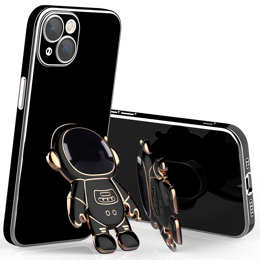 For iPhone 14 Plus Mobile Phone Cover Electroplating Edge Rear Lens Film Phone Case with Astronaut Kickstand