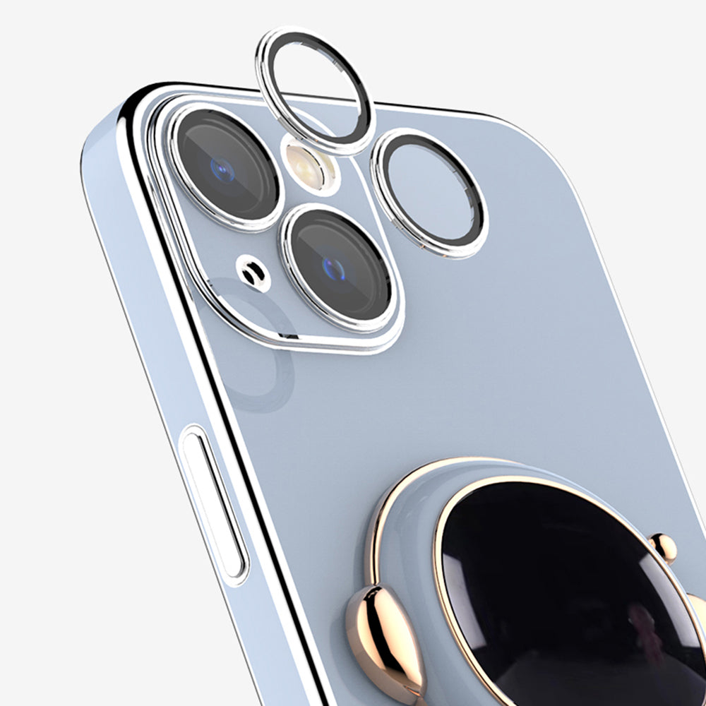 For iPhone 14 Plus Mobile Phone Cover Electroplating Edge Rear Lens Film Phone Case with Astronaut Kickstand
