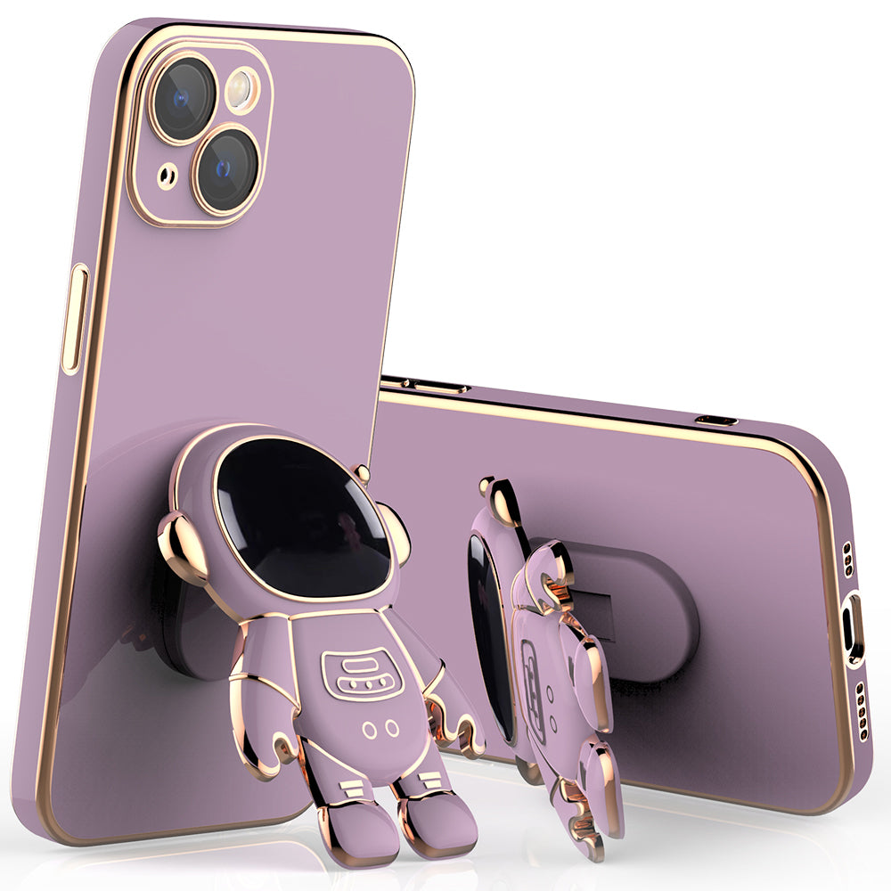 For iPhone 14 Plus Mobile Phone Cover Electroplating Edge Rear Lens Film Phone Case with Astronaut Kickstand - Pink