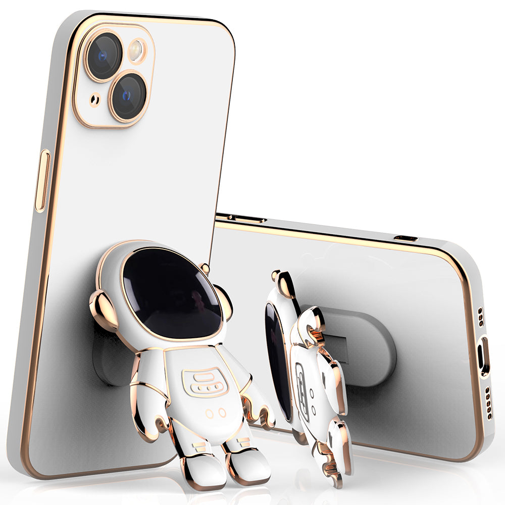 For iPhone 13 6.1 inch Cell Phone Case Electroplating Phone Cover with Astronaut Kickstand and Rear Lens Film