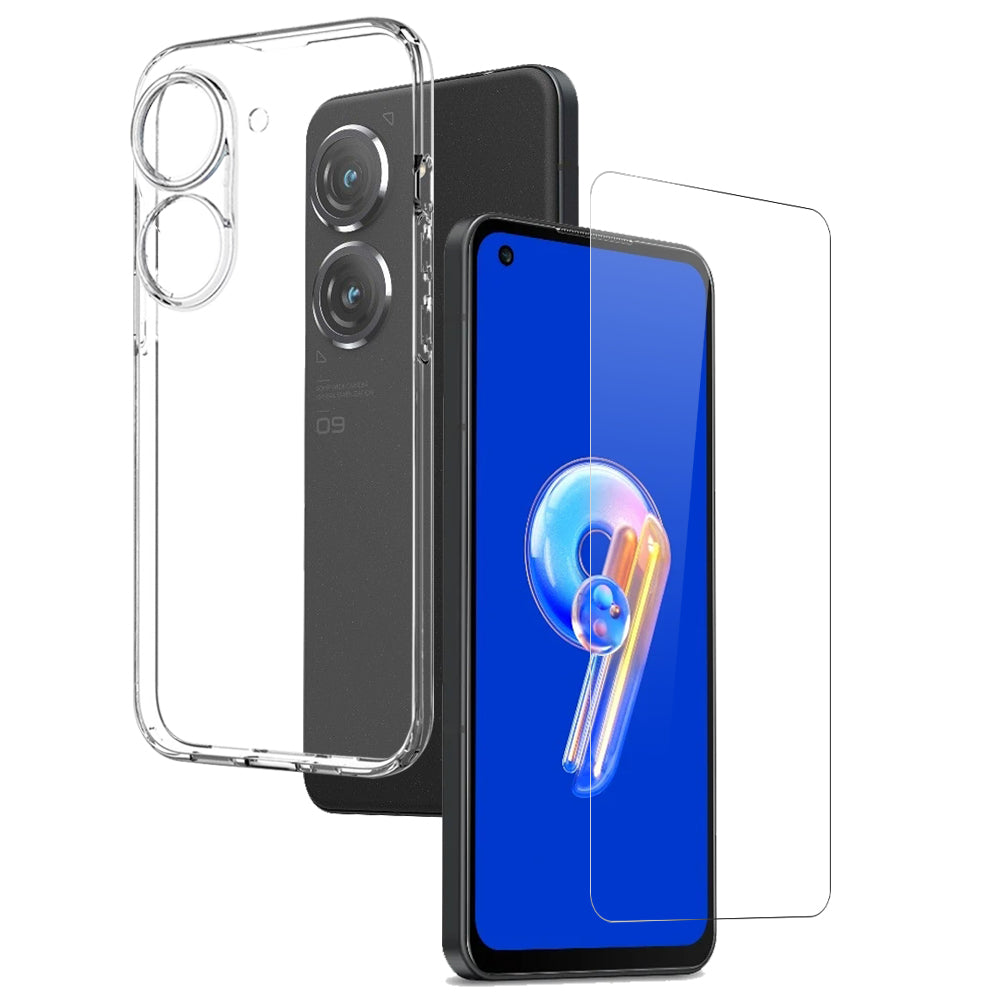 NORTHJO For Asus Zenfone 9 5G Phone Case TPU Cover HD Clear Tempered Glass Screen Protector - Transparent
