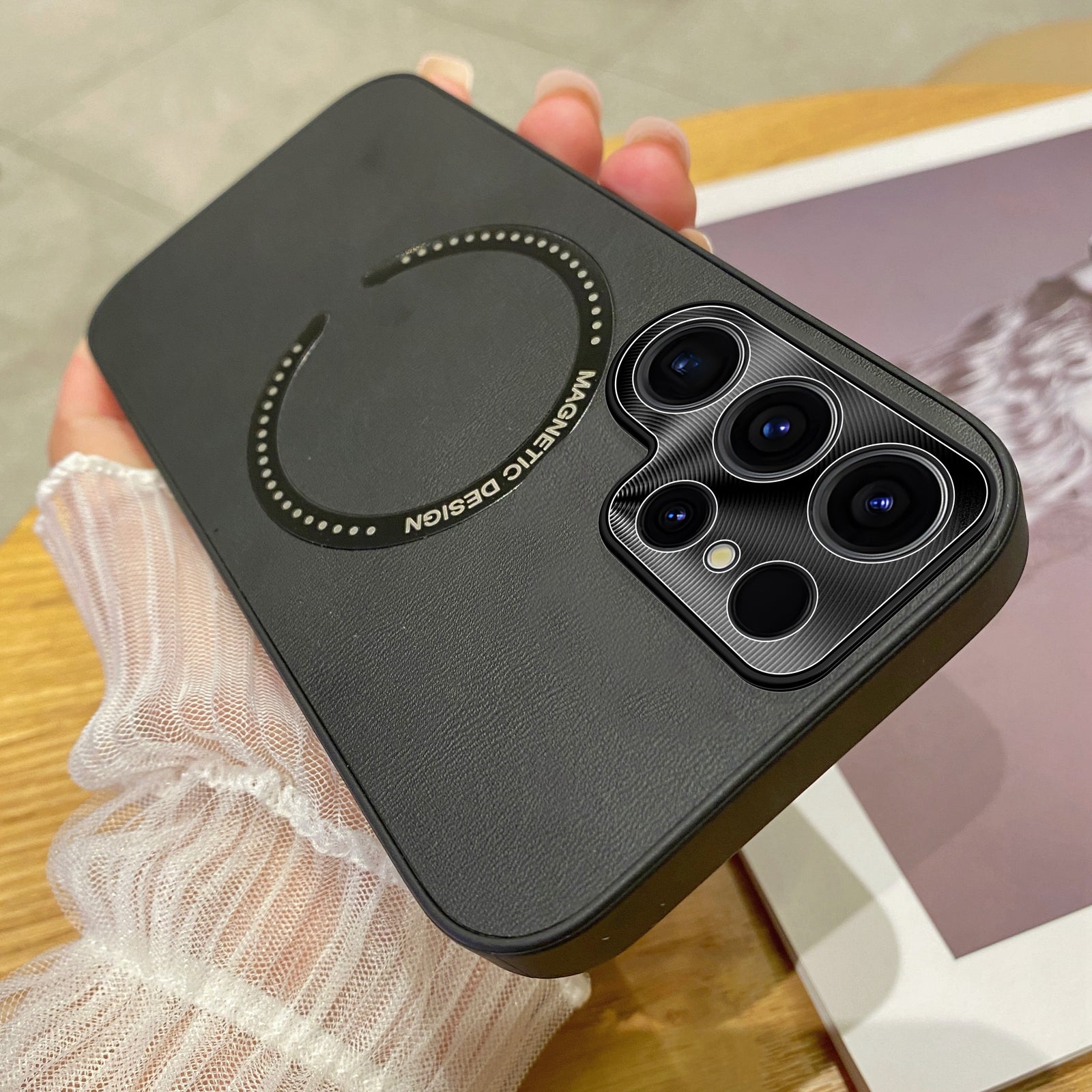 For Samsung Galaxy S22 Ultra 5G Electroplating Magnetic Phone Cover PU Leather Coated TPU PC Phone Case