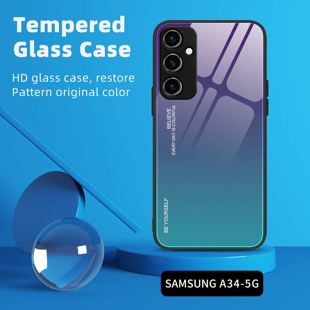 For Samsung Galaxy A34 5G Gradient Color Phone Case Tempered Glass PC TPU Hybrid Shell Shock Absorption Cover