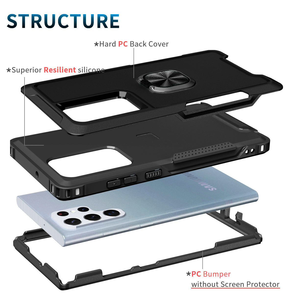 For Samsung Galaxy S23 Ultra Rotatable Ring Holder Kickstand Phone Case PC Silicone Anti-scratch Phone Cover