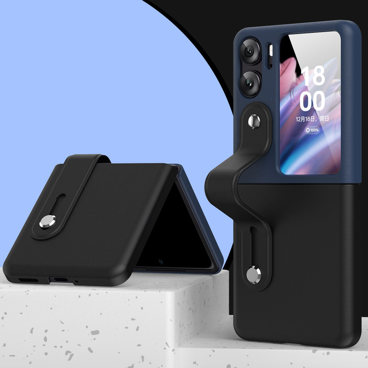 For Oppo Find N2 Flip 5G PU Leather Coated PC Phone Case Hand Strap Kickstand Anti-drop Cover