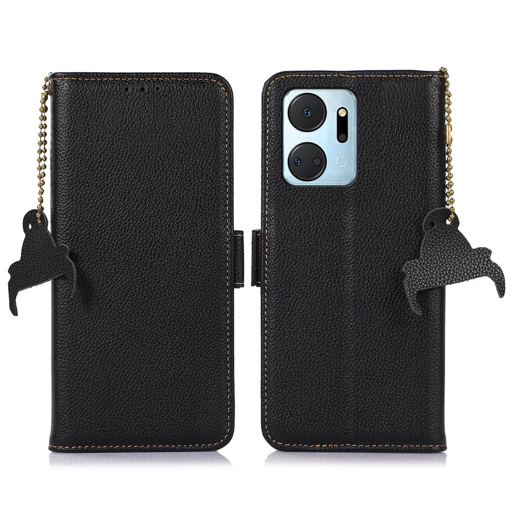 Phone Case For Honor X7a 5G Stand Wallet Genuine Leather RFID Blocking Scratch-resistant Cell Phone Cover